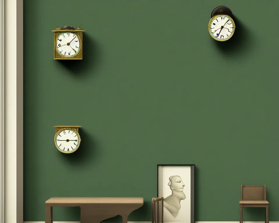 Prompt: an achingly beautiful print of Art Deco clocks on a dark green wall by Raphael, Hopper, and Rene Magritte. detailed, romantic, enchanting, trending on artstation.