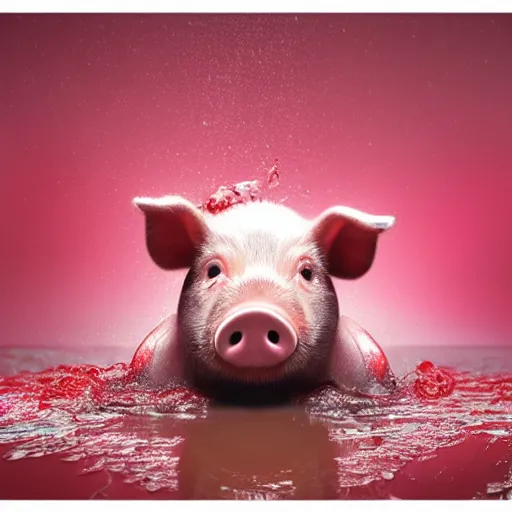 Image similar to digital art of a baby pig wearing red rainboots in a puddle, 8 k render, octane render, saturated