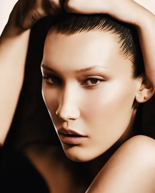 Image similar to bella hadid beautiful cute woman portrait, dynamic, epic, cinematic movie shot of a close full body portrait, expressing joy. inspirational arthouse, high budget, hollywood style, at behance, at netflix, instagram filters, photoshop, adobe lightroom, adobe after effects, taken with polaroid kodak portra