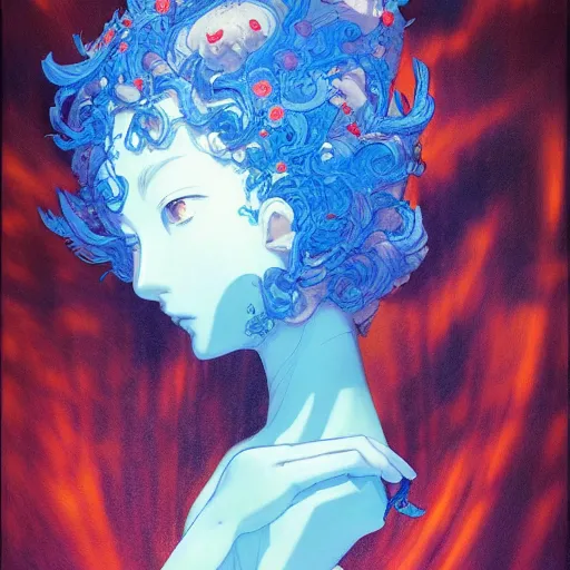 Image similar to prompt : blue portrait soft light painted by james jean and katsuhiro otomo, inspired by evangeleon anime, smooth face feature, intricate oil painting, high detail illustration, sharp high detail, manga and anime 1 9 9 0