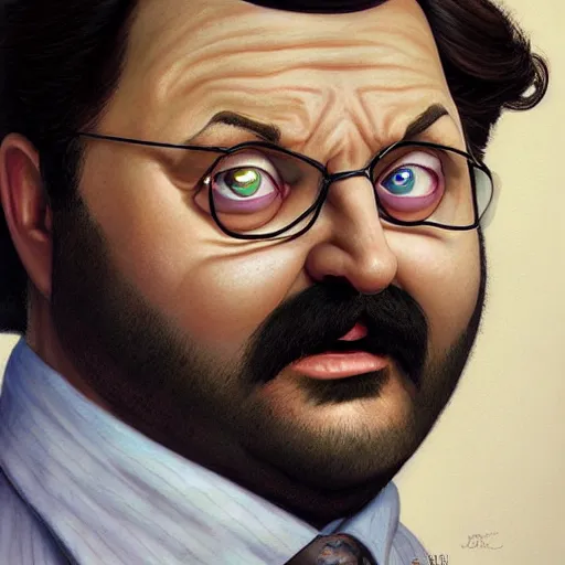 Image similar to beautiful hyperrealistic detailed matte portrait painting of bob belcher from bobs burger, by andreas rocha and john howe, and martin johnson