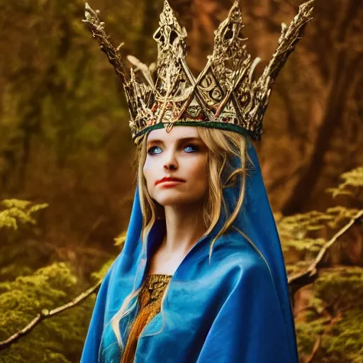 Prompt: photo of a beautiful elven queen queen with ornate crown and cloak, telephoto lens