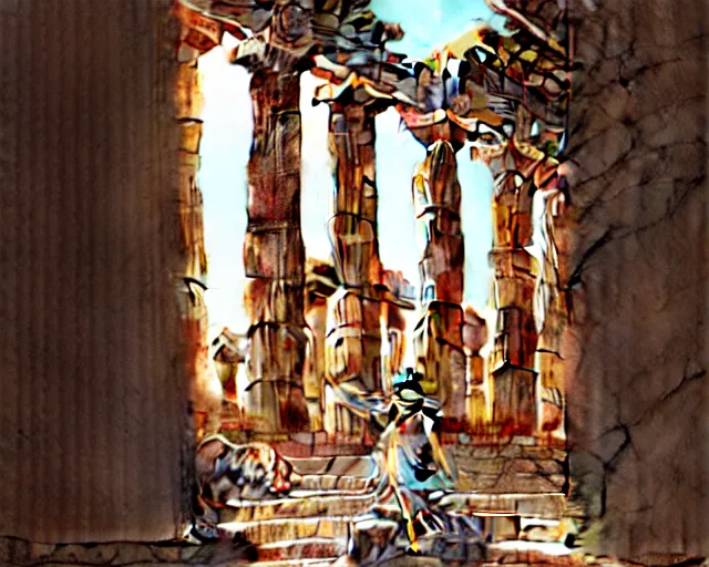 Image similar to Athena in the Athena Temple in Greece, highly detailed, intricate architecture, sharp focus, fantasy art by Artgerm and Greg Rutkowski and WLOP