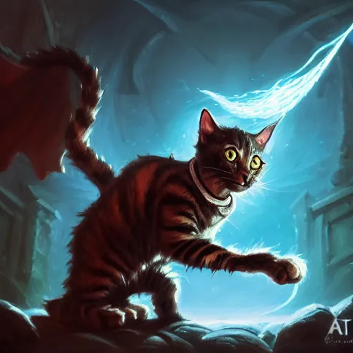 Image similar to Oil Painting of Cat, Anthropomorphized, casting evil spell, magic the gathering artwork, horror, D&D, fantasy, cinematic lighting, centered, symmetrical, highly detailed, digital painting, artstation, concept art, smooth, sharp focus, illustration, volumetric lighting, epic Composition, 8k, art by Akihiko Yoshida and Greg Rutkowski and Craig Mullins, oil painting, cgsociety