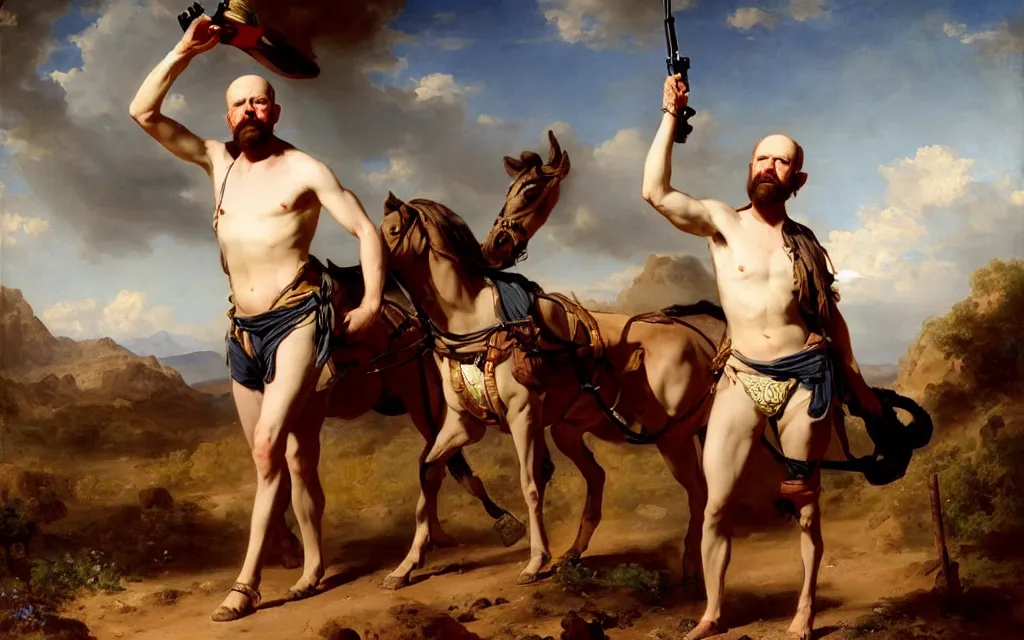 Prompt: a beautiful full body portrait of heisenberg in underpants with a gun on his hand in the middle of the desert, with a chariot in the background, art by franz xaver winterhalter, highly detailed, elegant, jewlery, romanticism, rococo, neoclassicism, 1 8 5 0 s style painting, oil on canvas, vivid