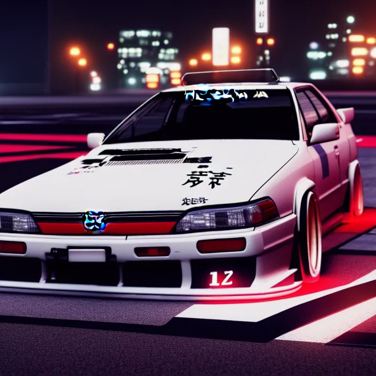 Image similar to Toyota JZX100 Drift, detailed-wheels, Shibuya prefecture, cinematic lighting, photorealistic, night photography, octane render