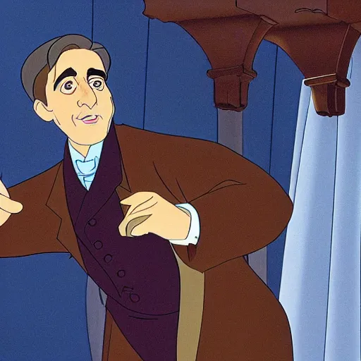 Image similar to steve carell in anastasia, don bluth animation, film still