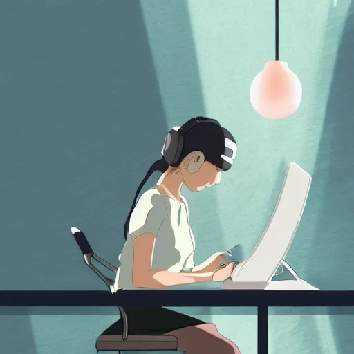 Prompt: a side view of a beautiful girl sitting on her desktop writing something, headphones on, hand on her chin, nightlamp, digital art, anime, studio ghibli style, window and city background, portrait