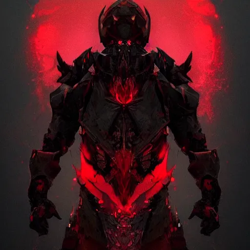 Image similar to Award-Winning. Trending on Artstation. 8K. (Corrupted Knight infected with black obsidian glowing yellow. Angular. Sharp. Ready for battle.) Standing in the eye of a red storm. Black landscape. Dark skies.