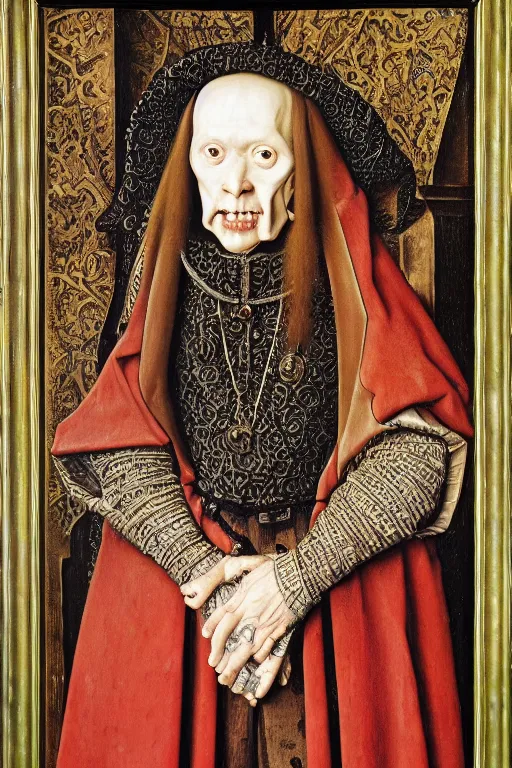 Image similar to portrait of ainz ooal gown, oil painting by jan van eyck, northern renaissance art, oil on canvas, wet - on - wet technique, realistic, expressive emotions, intricate textures, illusionistic detail