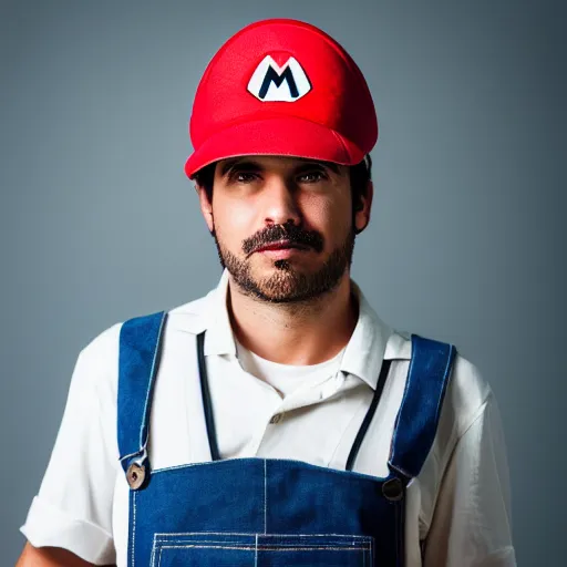 Image similar to Professional corporate portrait of Mario wearing his Mario hat and overalls, Nintendo, studio lighting, 85mm lens