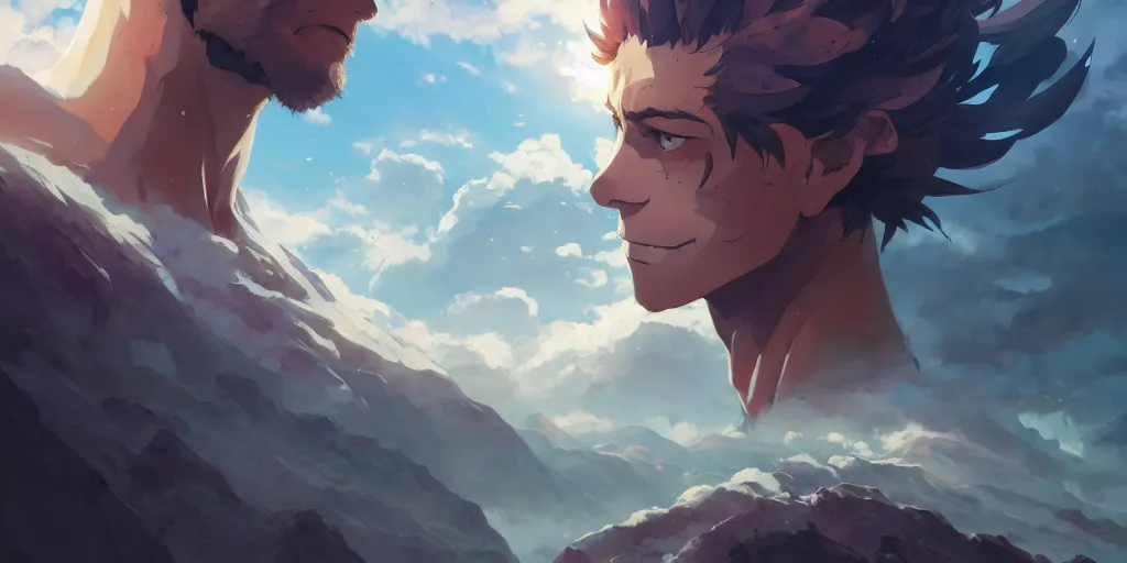 Image similar to ultra realistic, greek god, mountain, colors, 8 k, hd, details, fantasy, epic, ancient city, landscape illustration concept art anime key visual trending pixiv fanbox by wlop and greg rutkowski and makoto shinkai and studio ghibli and kyoto animation symmetrical facial features