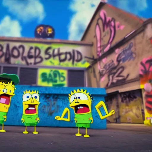 Prompt: 3D realistic SpongeBob and Sandy rapping, wearing cool rap outfits and bandanas, standing on the streets, surrounded by a crowd, unique angle, HDR, 4k, the earth is quaking under their feet from the music, shockwaves are coming out, graffiti in the background, details faces, visible eyes, unreal engine