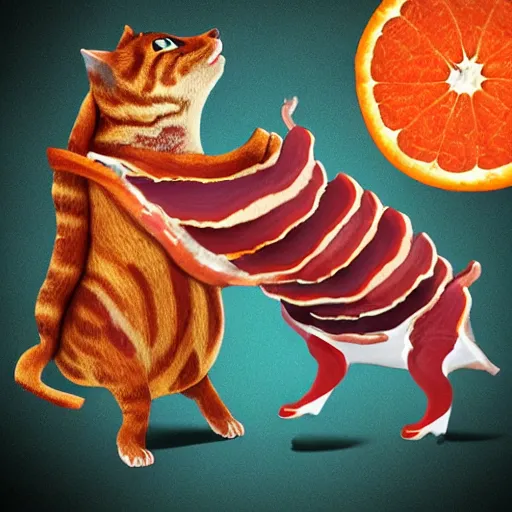 Image similar to anthropomorphic bacon strip, the bacon is sword fighting an orange tabby, realism