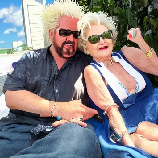 Image similar to betty white sunbathing with guy fieri