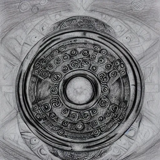 Image similar to armored battle tank with dao yin - yang symbol, detailed pencil drawing, background deep space with galaxies