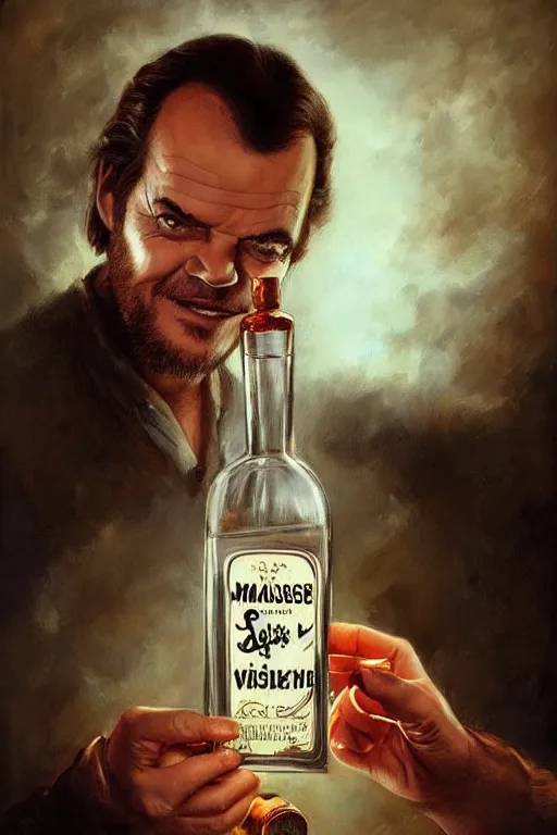 Image similar to a message in a bottle but instead of a ship it is a young jack nicholson in the bottle, jack nicholson, fancy whiskey bottle, masterpiece painting by artgerm and tom bagshaw