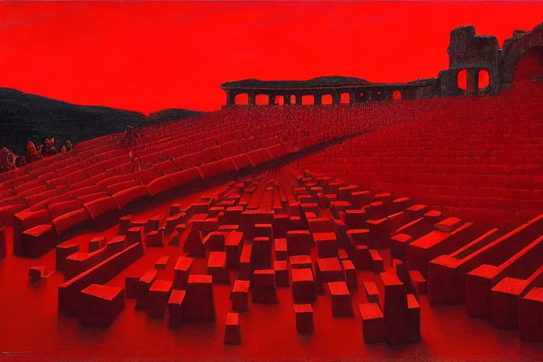 Image similar to only with red, a red great emperor, taormina amphitheatre, crowd with big smile, in the style of beksinski, parts by edward hopper, parts by rodcenko, parts by yue minjun, intricate and epic composition, red by caravaggio, insanely quality, highly detailed, masterpiece, red light, artstation, 4 k