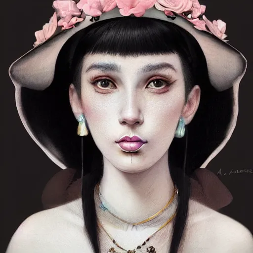 Prompt: A masterpiece portrait of a Incredibly beautiful tattoed queer barique renaissance girl with piercing and nose ring in nun hat, holding koi fish. light cute blush on face. glass fish hat. medium shot, intricate, elegant, highly detailed. trending on artstation, digital art, by Stanley Artgerm Lau, WLOP, Rossdraws, James Jean, Andrei Riabovitchev, Marc Simonetti, Yoshitaka Amano. background by James Jean and Gustav Klimt, light by Julie Bell, 4k, porcelain skin