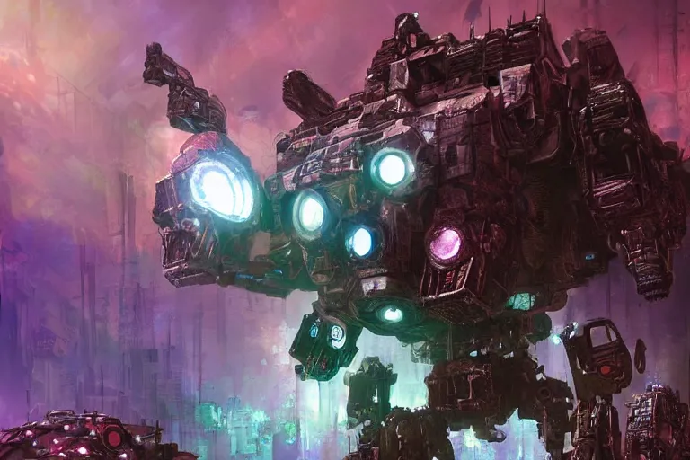 Image similar to ink acid shadow mech warrior, painted by erol otus and david thierree and dan adkins and john berkey, trending on artstation, volumetric lighting macro view muted colors, iridescent colors, dark academia, symbolism, brushwork