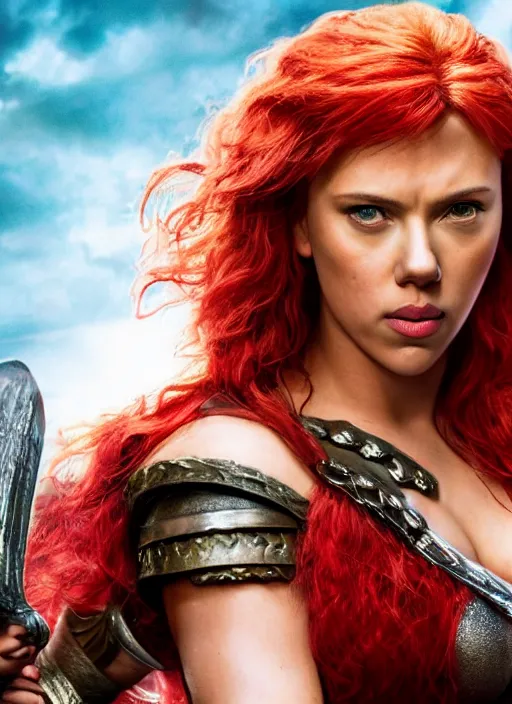 Image similar to scarlett johansson portraying a beautiful red sonja, beautiful scarlett johansson red sonja, movie, hyper realistic, hollywood promotional image, imax, 8 k