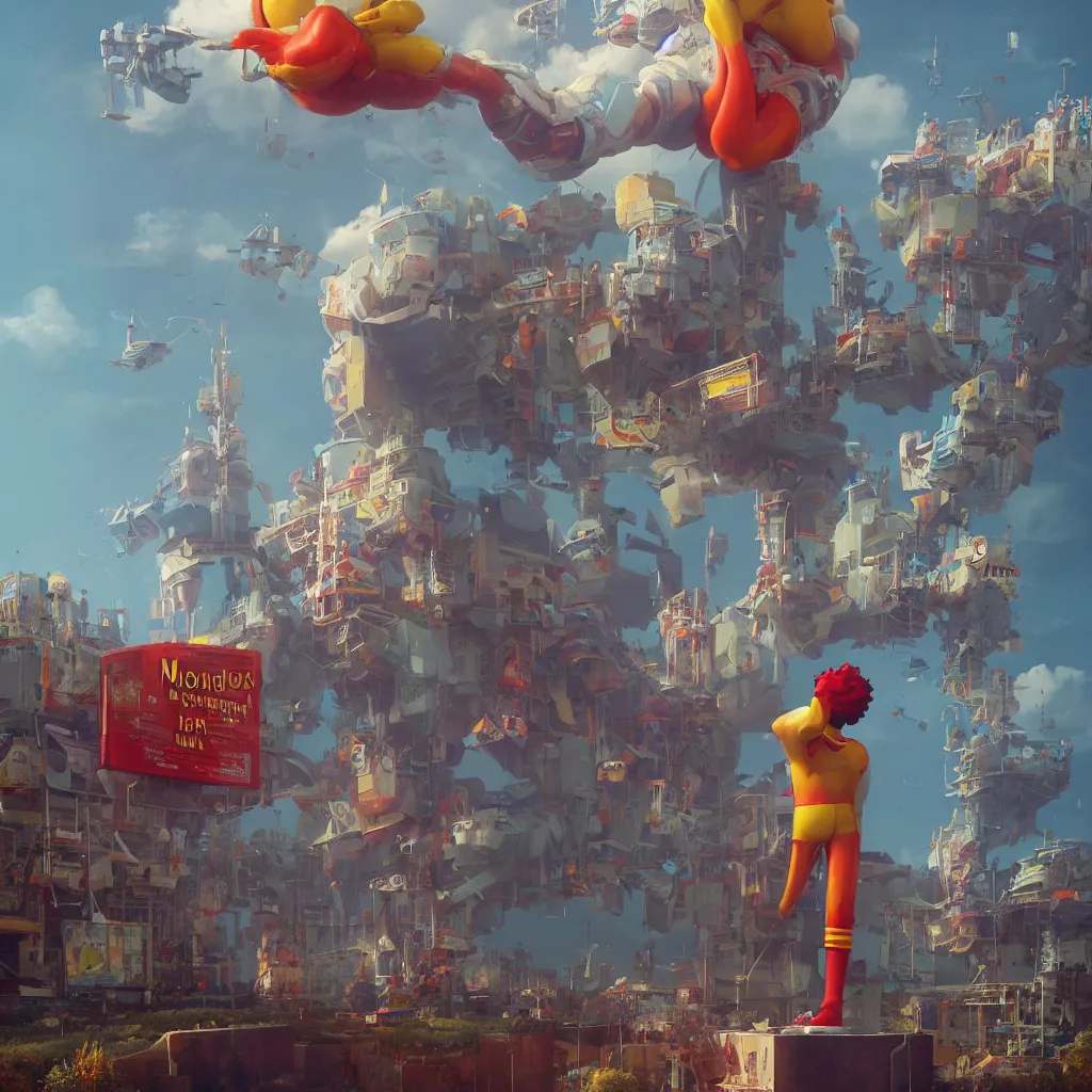 Image similar to ronald mcdonald statue in the world by beeple, darek zabrocki, tyler edlin, jordan grimmer, neil blevins, james paick, natasha tan, highly detailed, ultra detailed, ultra realistic, trending on artstation