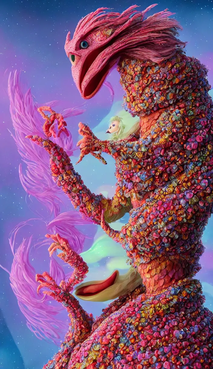 Image similar to hyper detailed 3d render like a Oil painting - kawaii portrait of two Aurora (a beautiful skeksis muppet fae queen protector from dark crystal that looks like Anya Taylor-Joy) seen red carpet photoshoot in UVIVF posing in scaly dress to Eat of the Strangling network of yellowcake aerochrome and milky Fruit and His delicate Hands hold of gossamer polyp blossoms bring iridescent fungal flowers whose spores black the foolish stars by Jacek Yerka, Ilya Kuvshinov, Mariusz Lewandowski, Houdini algorithmic generative render, Abstract brush strokes, Masterpiece, Edward Hopper and James Gilleard, Zdzislaw Beksinski, Mark Ryden, Wolfgang Lettl, hints of Yayoi Kasuma and Dr. Seuss, octane render, 8k