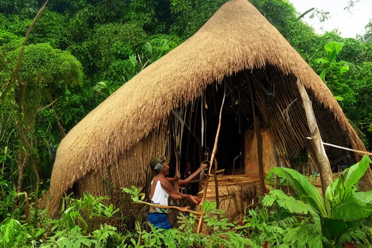 Image similar to a 4 meter tall previously unknown living bipedal herbivore dinosaur destroying hut by eating the thatched roof in a small jungle settlement, shaky grainy amateur photos by witnesses