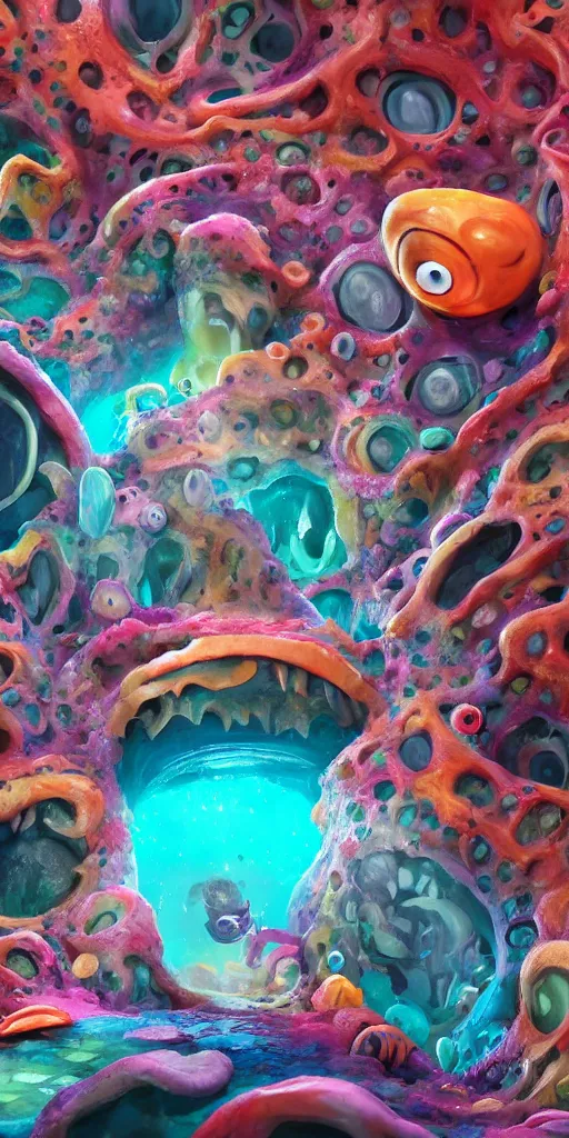 Image similar to of a colorful deep sea cave with strange cute friendly happy creatures with huge eyes, mouth, long tongue and round teeth appearing from sandy coral, in the style of gehry and gaudi, macro lens, shallow depth of field, ultra detailed, digital painting, trending artstation, concept art, illustration, cinematic lighting, photorealism, epic, octane render