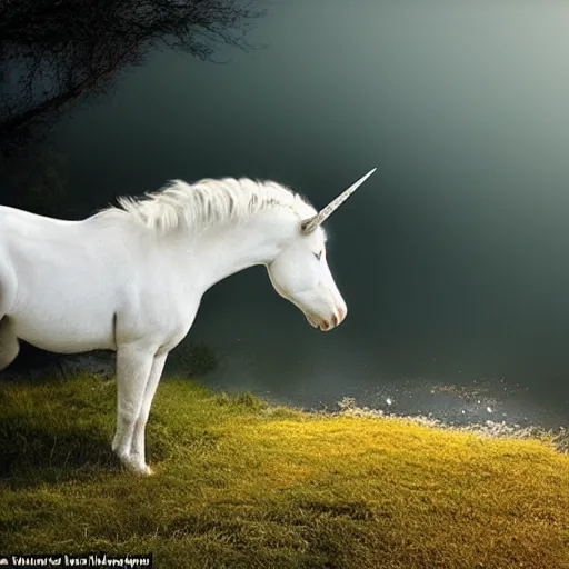 Image similar to amazing white unicorn photo drinking water from a lake while the moon shines on its beautiful fur by marc adamus, beautiful dramatic lighting