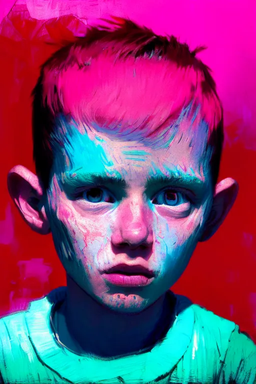 Image similar to portrait of a young boy nor living not death in a postapoliptic forgotten world, in the colors hot pink and cyan, beautiful face, rule of thirds, complex outfit, spotlight, octane render, dramtic lit, by greg rutkowski, by jeremy mann, by francoise nielly, by van gogh, digital painting