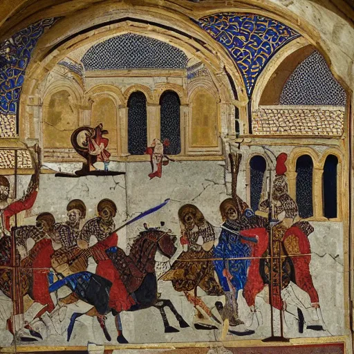 Image similar to a group of Byzantine knights fighting an Anatolian dragon in a gargantuan cistern underneath Istanbul