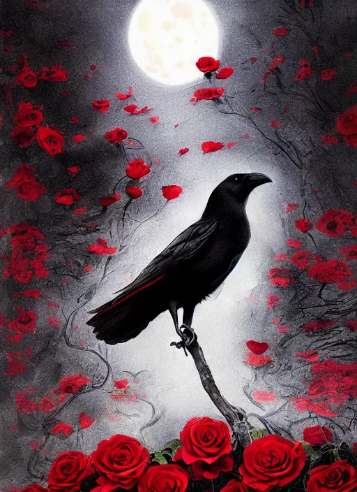 Image similar to portrait, A crow with red eyes in front of the full big moon, book cover, red roses, red white black colors, establishing shot, extremly high detail, foto realistic, cinematic lighting, pen and ink, intricate line drawings, by Yoshitaka Amano, Ruan Jia, Kentaro Miura, Artgerm, post processed, concept art, artstation, matte painting, style by eddie mendoza, raphael lacoste, alex ross