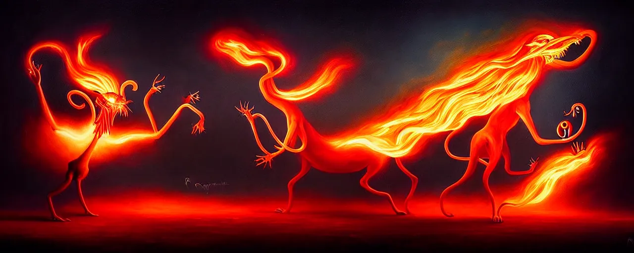 Image similar to whimsical fiery alchemical creatures, surreal dark uncanny painting by ronny khalil