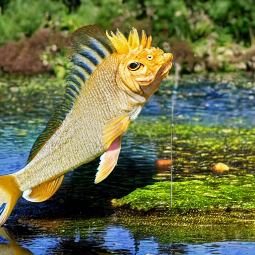 Image similar to a lion hunting fish in a pond