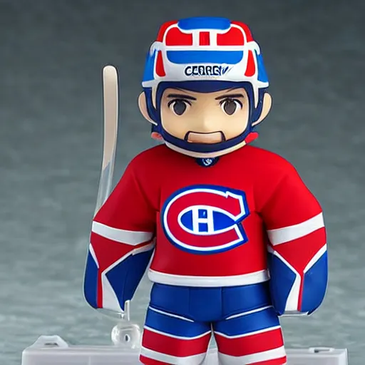 Image similar to high quality portrait flat matte painting of cute Nendoroid figurine of Carey Price Goaltender, in the style of nendoroid and manga NARUTO, number 31 on jersey, Carey Price Goaltender, An anime Nendoroid of Carey Price, goalie Carey Price, number 31!!!!!, full ice hockey goalie gear, Montreal Habs Canadiens figurine, detailed product photo, flat anime style, thick painting, medium close-up