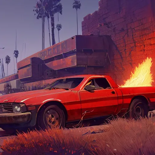 Image similar to red rusty oil - drum with a pack of dynamite on it's side in gta v, stephen bliss, unreal engine, fantasy art by greg rutkowski, loish, rhads, ferdinand knab, makoto shinkai and lois van baarle, ilya kuvshinov, rossdraws, tom bagshaw, global illumination, detailed and intricate environment