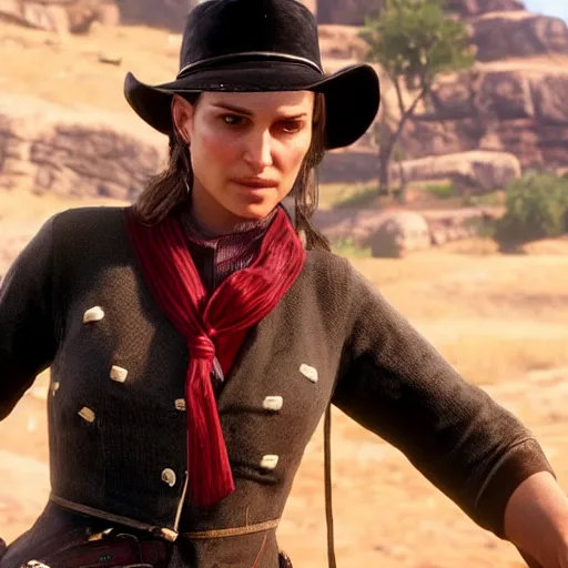 Image similar to natalie portman in red dead redemption 2, character render, full body shot, highly detailed, in game render