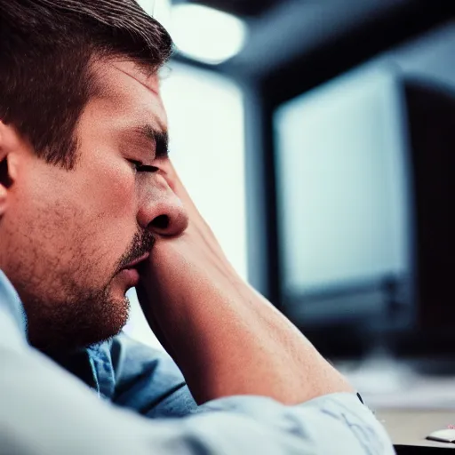 Image similar to detailed photorealistic a man sitting while crying because stuck in front of his computer because programming. bokeh and cinematic