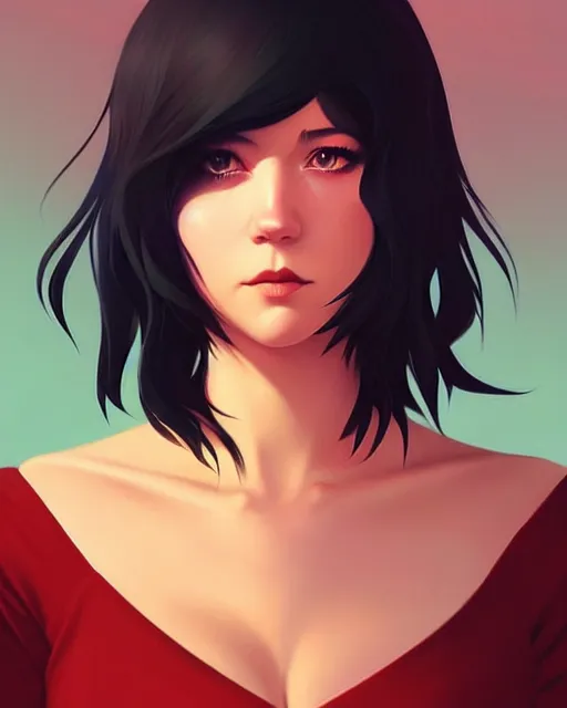 Image similar to style of ilya kuvshinov, artgerm, loish : : gorgeous mary elizabeth winstead : : evil sorceress, swirling black magic, black dress : : symmetrical face, symmetrical eyes : : full body pose : : gorgeous red hair : : cinematic lighting : :