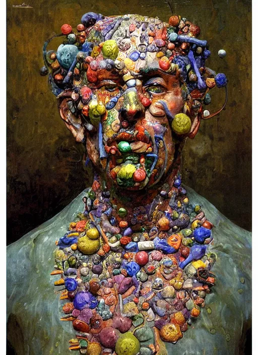 Image similar to a sculpture portrait made of bacteria and virus and molecules and atoms, painting part by wojciech siudmak, part by ilya repin, part by max ernst, part by norman rockwell, artstation