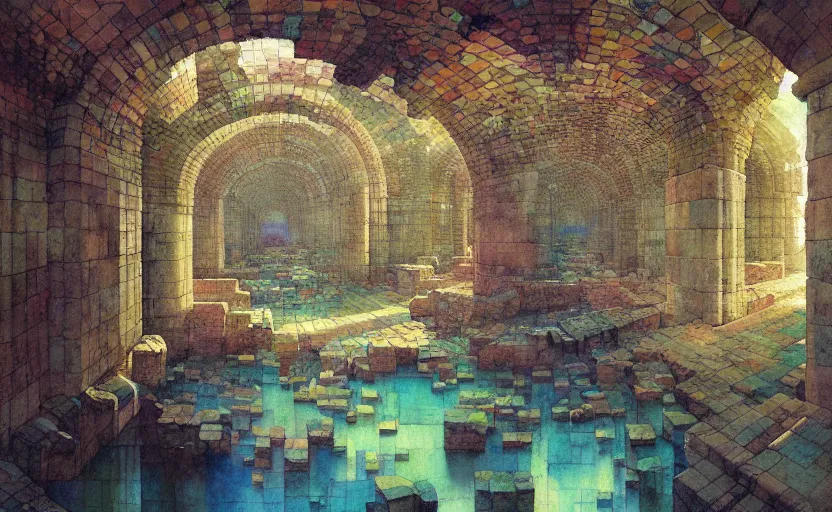 Image similar to tiled room squared waterway, aqueducts, fantasy. intricate, amazing composition, colorful watercolor, by ruan jia, by maxfield parrish, by marc simonetti, by hikari shimoda, by robert hubert, by zhang kechun, illustration, gloomy