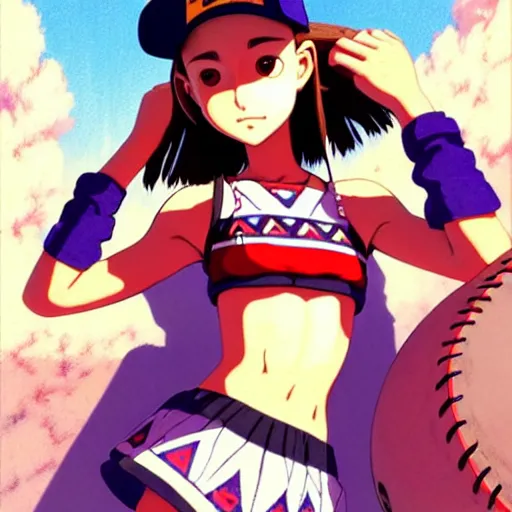 Image similar to beautiful boyish natalie portman gravure model in majora's mask, wearing wooden mask and baseball cap and leotard, street wear with subtle mayan patterns, aztec bathing suit, gapmoe yandere grimdark, trending on pixiv fanbox, painted by greg rutkowski makoto shinkai takashi takeuchi studio ghibli, akihiko yoshida