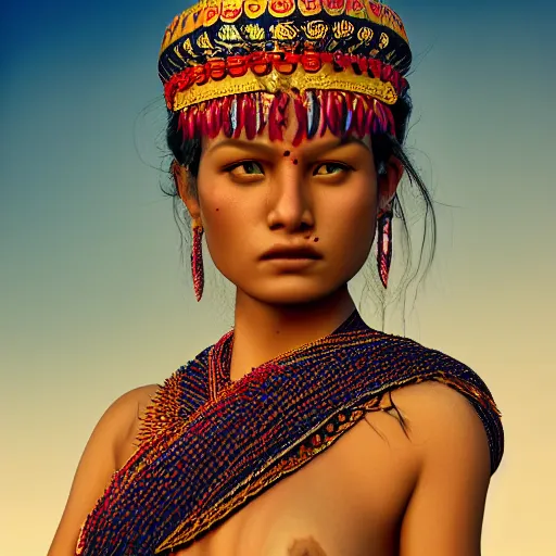 Image similar to portrait of a stunningly beautiful alluring and attractive nepalese tribal female maiden, depth of field, zeiss lens, detailed, symmetrical, centered, fashion photoshoot, by annie leibovitz and steve mccurry, david lazar, jimmy nelsson, breathtaking, 8 k resolution, extremely detailed, beautiful, establishing shot, artistic, hyperrealistic, beautiful face, octane render