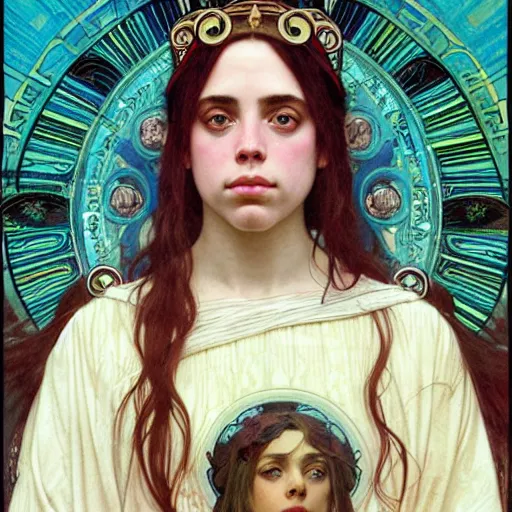 Prompt: detailed portrait art of Billie Eilish as the goddess of the sun, with anxious, piercing eyes, by Alphonse Mucha, Michael Whelan, William Adolphe Bouguereau, John Williams Waterhouse, and Donato Giancola