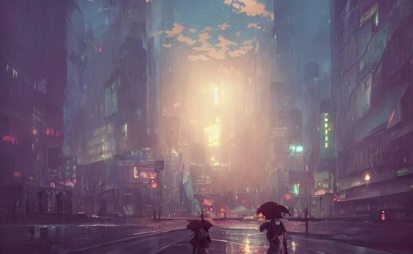 Image similar to flying through city with umbrella, moody sunset, late night, detailed medium poly characters, by greg rutkowski, alphonse mucha, beeple, sharp focus, digital art, smooth, light refraction, pixiv art, volumetric lighting, makoto shinkai