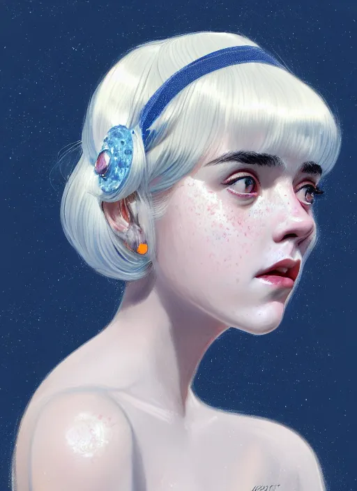 Image similar to portrait of kiernan shipka with freckles, white hair, big 1 9 6 0 s bob hairstyle with bangs and hairband, blue 1 9 6 0 s dress, intricate, elegant, glowing lights, highly detailed, digital painting, artstation, concept art, smooth, sharp focus, illustration, art by wlop, mars ravelo and greg rutkowski