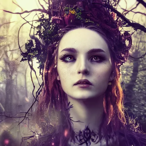 Prompt: portrait of forest witch, beautiful, attractive, glowing, jaw dropping, magical, dynamic lighting, dark, mystical, 4 k, octane render, age 2 0, background enchanted woods, intricate and ornate