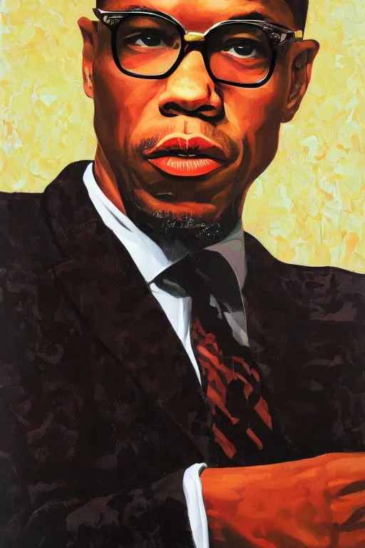 Image similar to Malcolm x, portrait by Kehinde Wiley!!, oil paint on canvas, brushstrokes,