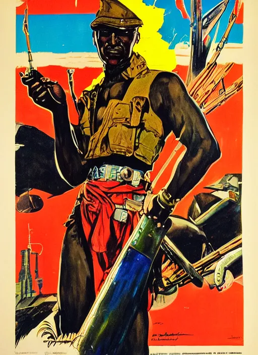 Image similar to pan african propaganda poster. cyberpunk mercenary. portrait by jean giraud and anton otto fischer and john philip falter and will eisner and gil elvgren